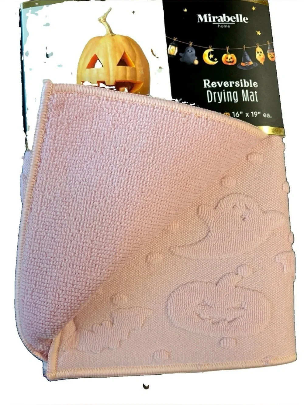 HALLOWEEN DISH DRYING MATS SET OF 2 REVERSIBLE PINK SCULPTED GHOST PUMPKIN BAT